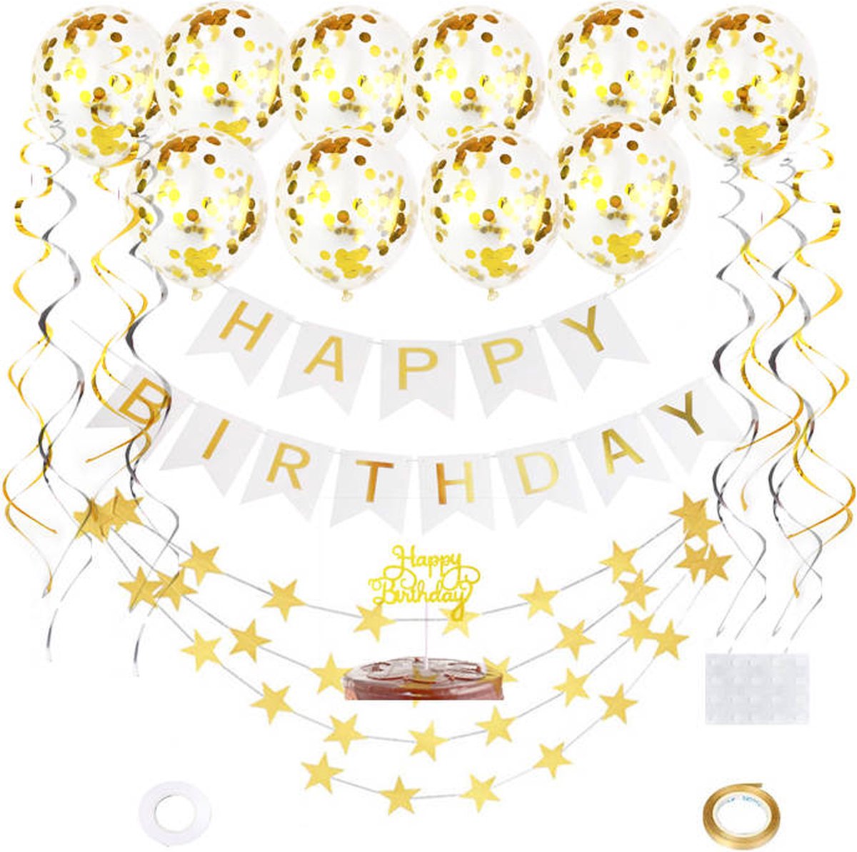 Joya® Verjaardag Slinger Wit & Goud met Papieren Confetti Ballonnen | Feest Decoratie | Happy Birthday Slinger